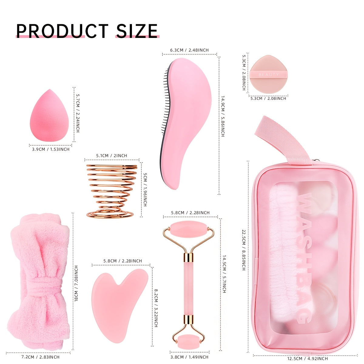 10pcs Facial Massage Set, Including 1 Double-Head Roller Massager, 1 Heart-Shaped Massage Board, 1 Pink Hair Band, 1 Long-Handled Hair Comb, 2 Air Cushion Powder Puffs, 2 Water Drop Beauty Eggs, 1 Metal Beauty Egg Stand, for
